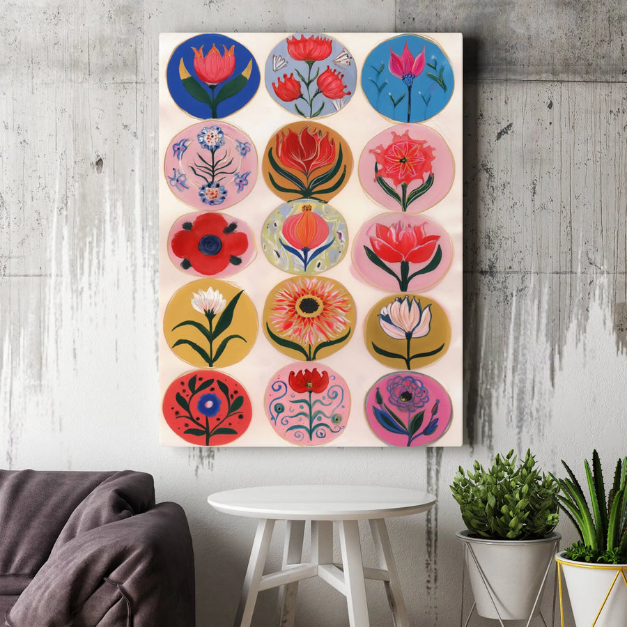 Folk Art Flower Canvas Print | Vibrant Botanical Grid Wall Art | Premium Gallery Wrapped 1.25" Profile | Bohemian Home Decor Gift