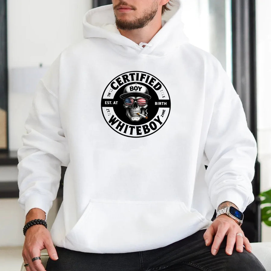 Certified Whiteboy Hoodie | American Flag Skull Graphic | Soft Unisex Crewneck | Funny Patriotic Gift for Him