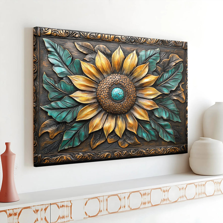 Sunflower Canvas Wall Art | Rustic Wood Carved Effect Print | Premium Textured 3D Floral Decor | Southwestern Farmhouse Living Room Gift