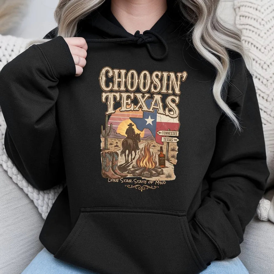 Choosin' Texas Hoodie | Retro Western Cowboy Graphic | Premium Cotton-Blend | Gift for Country Music Fan & Texas Lover