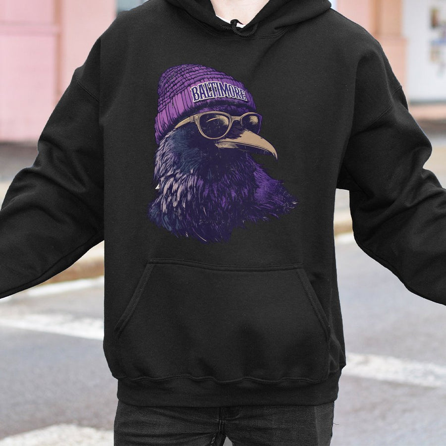 Baltimore Raven Wearing A Beanie And Sunglasses Hoodie
