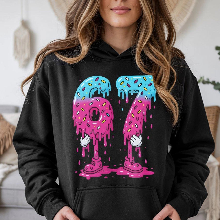 Number 67 Hoodie | Melting Donut Graphic Design | Premium Cotton Blend | Funny Birthday Gift For 67th Birthday Celebration