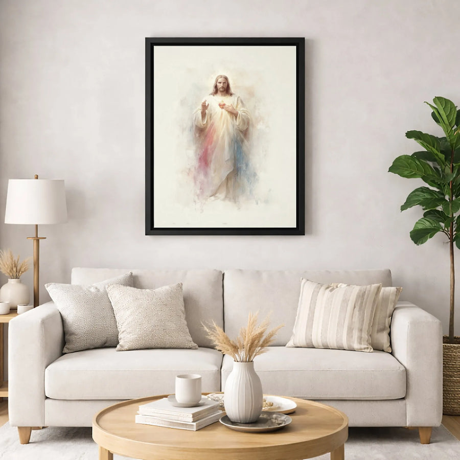 Divine Mercy Jesus Canvas Wall Art | Sacred Heart Watercolor Portrait | Premium Gallery-Wrap Print | Religious Home Decor Gift