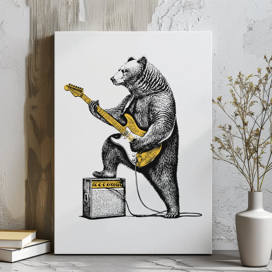 Rock Star Bear Playing Electric Guitar Canvas | Musician Animal Wall Art | Premium Gallery Wrapped Print | Music Room Decor Gift