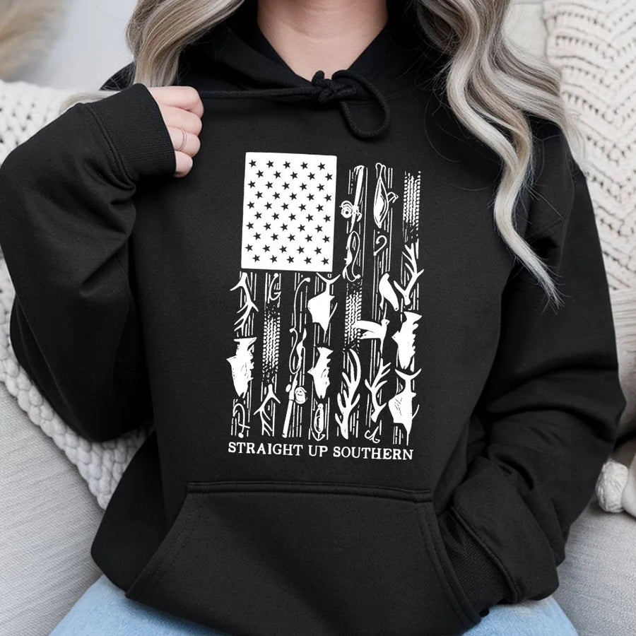 Hunting Fishing Flag Hoodie | Southern Outdoorsman American Flag Design | Premium Cotton Blend | Gift for Hunter