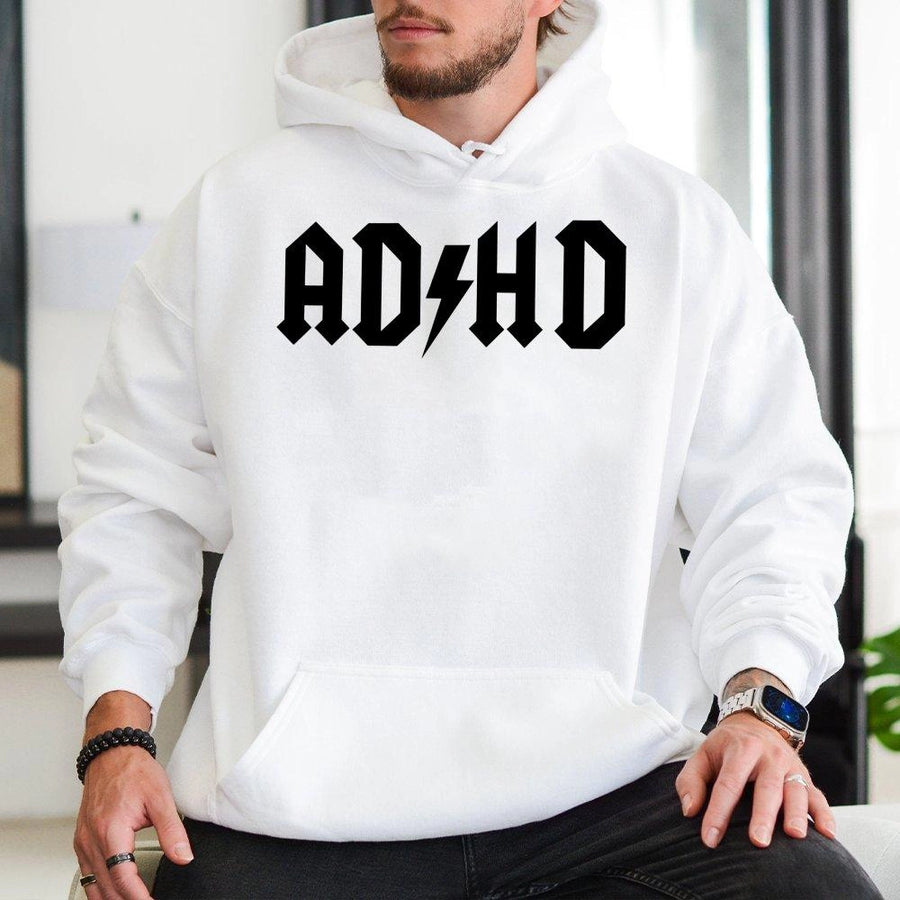 ADHD Hoodie | Rock Band Font Graphic | Premium Cotton Blend | Funny Mental Health Awareness Gift for Him or Her