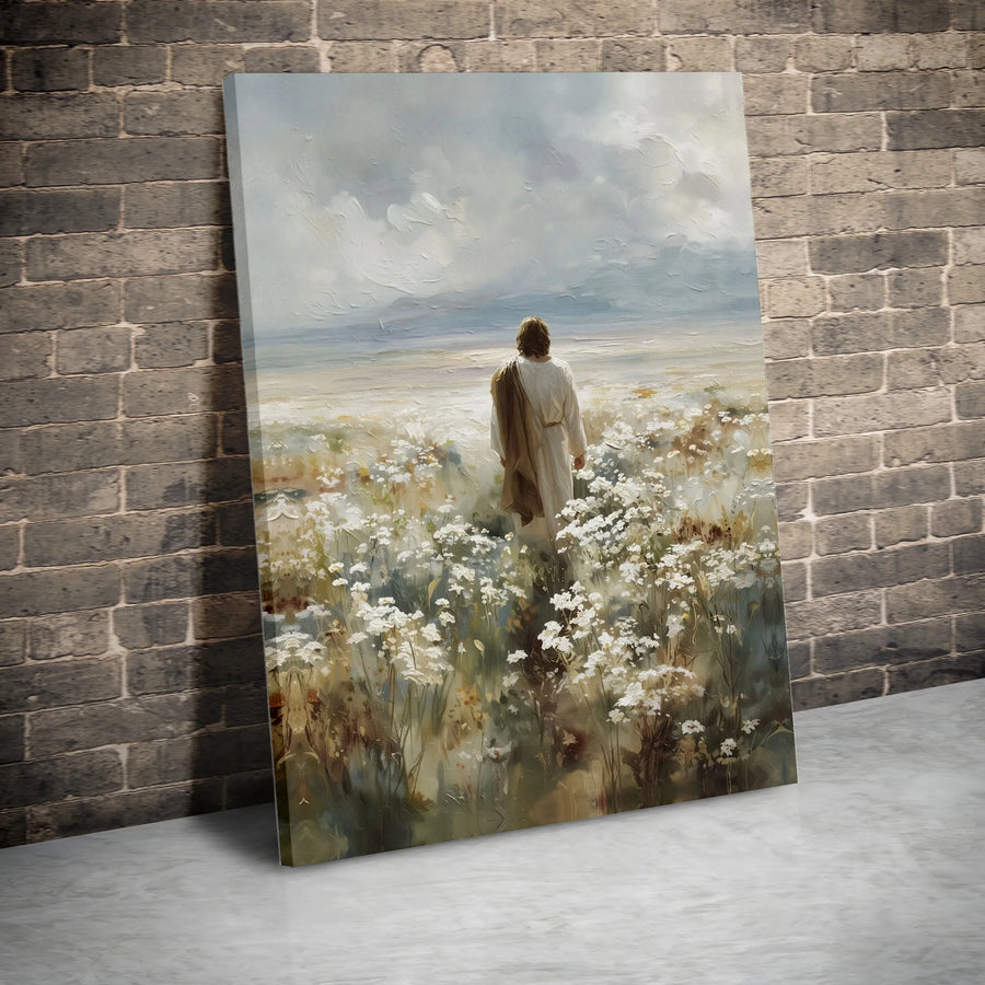 Jesus Canvas Wall Art | Jesus Walking in Field of Flowers Print | Premium Christian Painting | Inspirational Religious Home Decor Gift