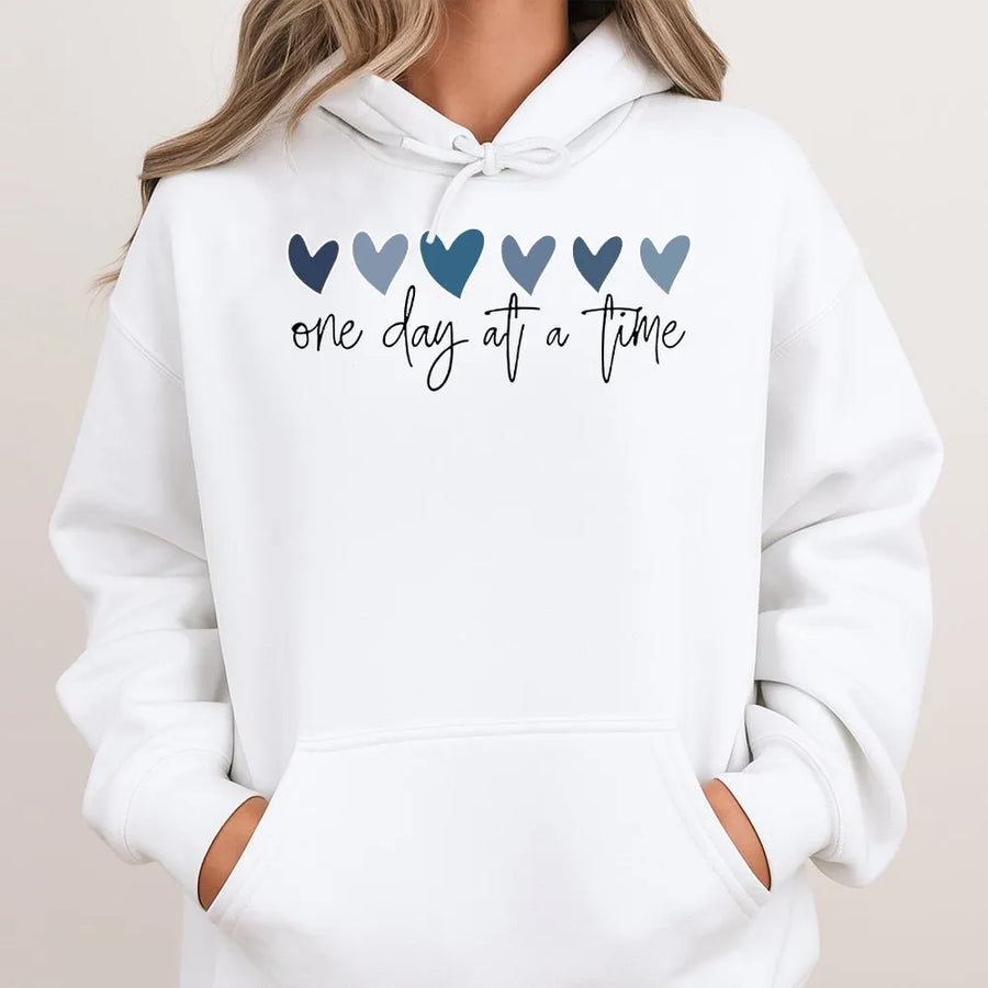One Day At A Time Hoodie | Aesthetic Blue Hearts Graphic Design | Premium Cotton Blend | Mental Health Awareness Gift For Her