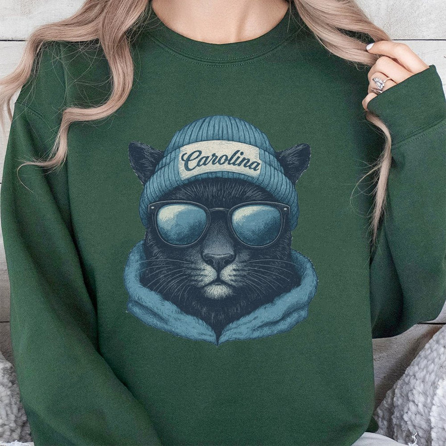 Carolina Cool Black Panther Mascot With Beanie And Sunglasses Sweatshirt