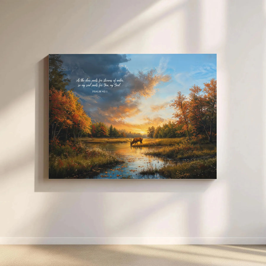 Psalm 42:1 Deer Canvas Wall Art | Serene Sunset Wildlife Landscape | Premium Gallery-Wrapped Print | Inspirational Christian Home Decor Gift