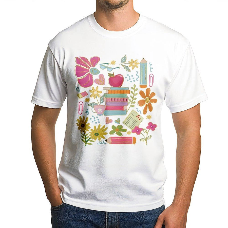 Boho Teacher T-Shirt | Aesthetic Wildflower School Supplies Print | Soft Cotton Premium Tee | Teacher Appreciation Gift End Of Year Outfit