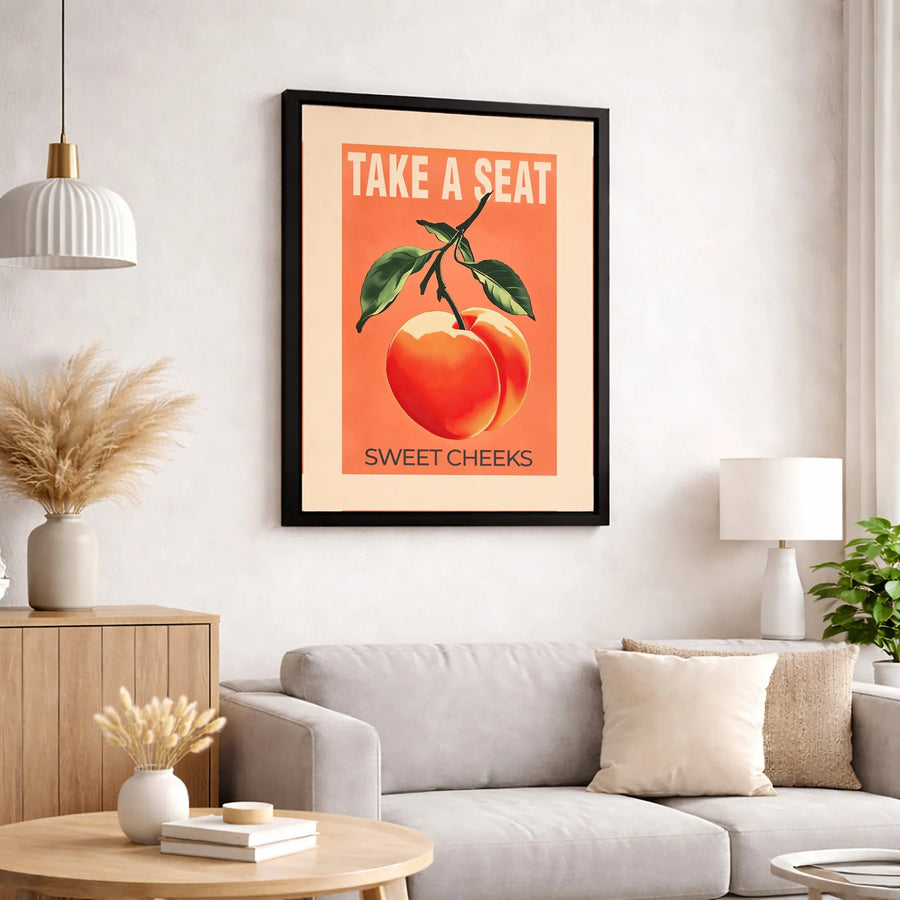 Take A Seat Sweet Cheeks Wall Art | Retro Peach Illustration Print | Premium Gallery Wrap Canvas | Funny Bathroom Decor for Home Office