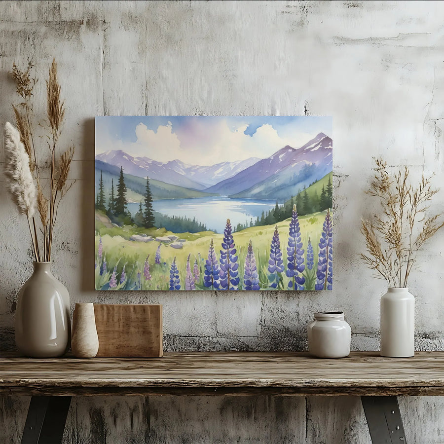 Mountain Landscape Canvas Wall Art | Watercolor Lake Scene with Lupine Wildflowers | Premium Gallery Quality Print | Nature Inspired Gift for Home Decor