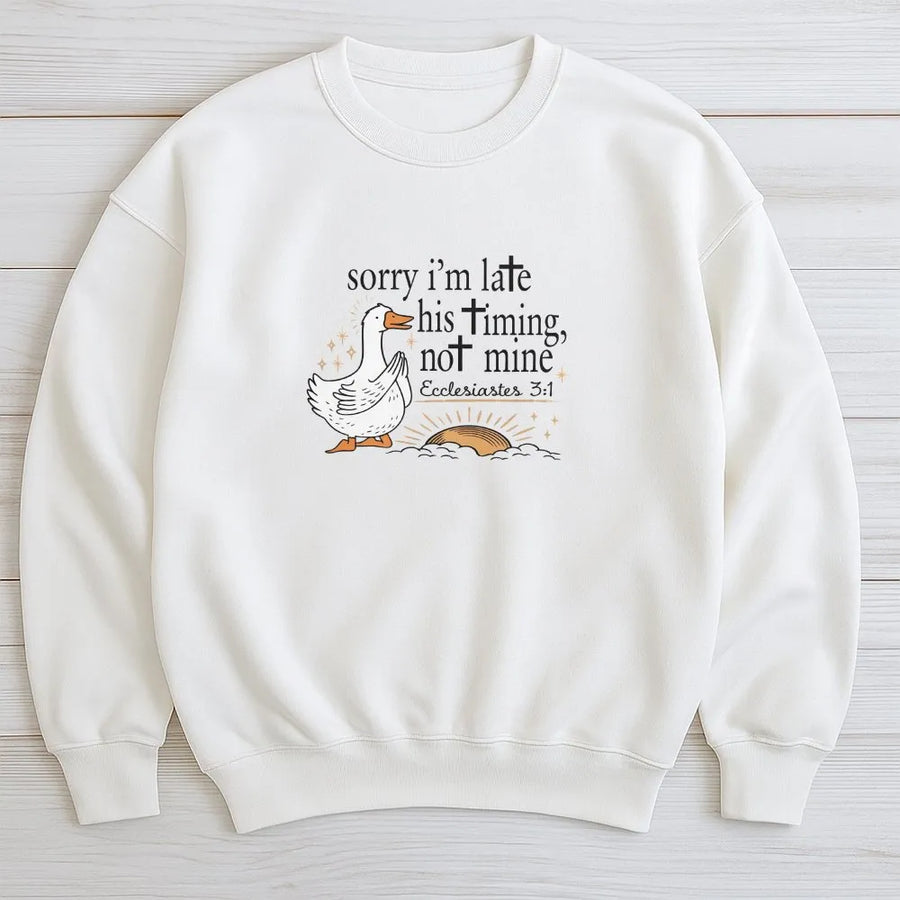 Christian Goose Sweatshirt | Funny Bible Verse 'His Timing Not Mine' | Premium Comfort Colors Cotton Tee | Religious Faith Based Gift for Women