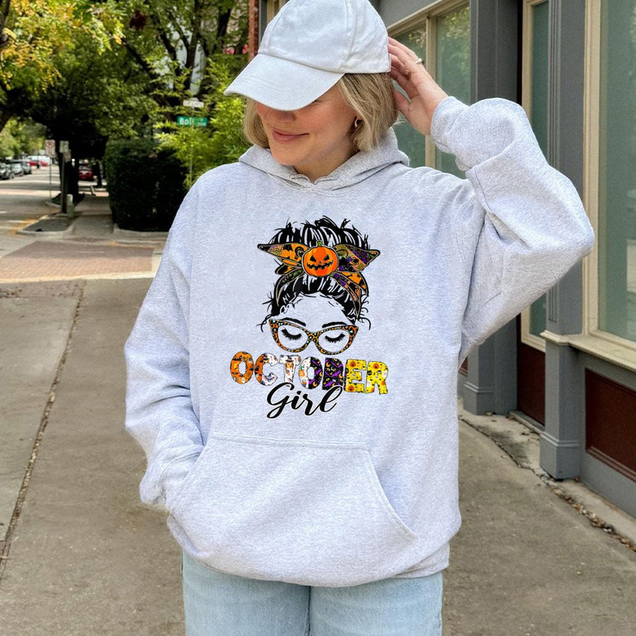 October Girl Halloween Hoodie | Messy Bun Pumpkin Witch Graphic | Cotton-Poly Premium Blend | Cute Fall Birthday Gift For Women
