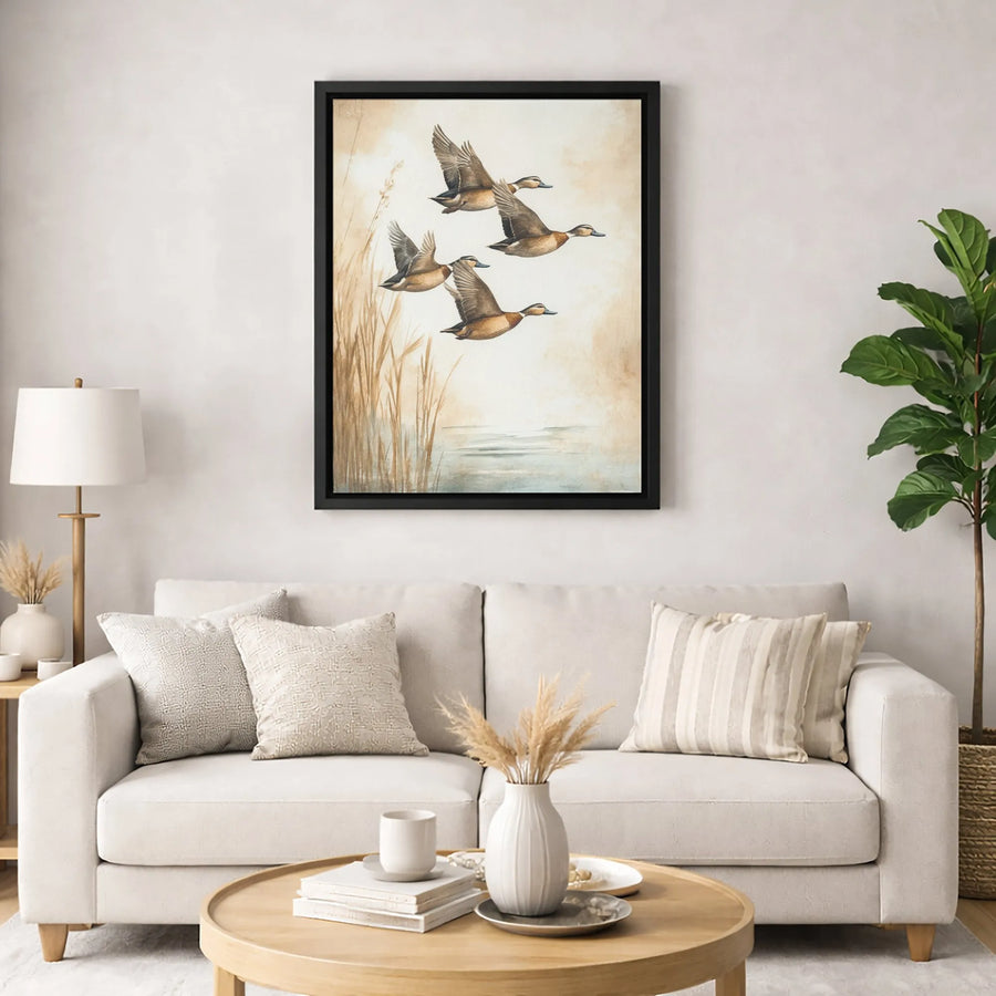 Flying Ducks Canvas Print | Rustic Marsh Landscape Art | Gallery Quality Framed Wall Decor | Nature Gift for Hunters and Outdoorsmen