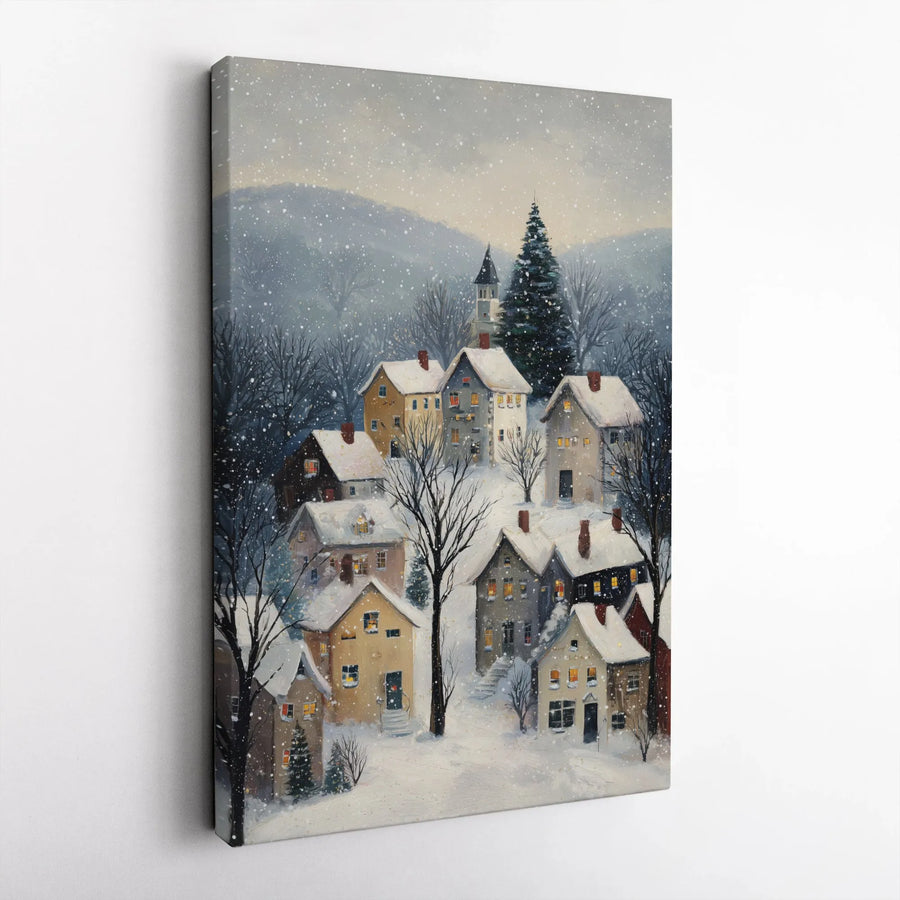 Winter Village Canvas Wall Art | Snowy Mountain Landscape with Glowing Homes | Premium Gallery Wrapped Print | Holiday Home Decor Gift