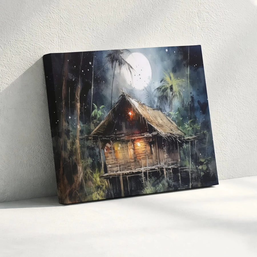 Jungle Hut Canvas Wall Art | Moonlight Tropical Landscape Painting | Premium Gallery-Wrapped Print | Atmospheric Home Decor Gift