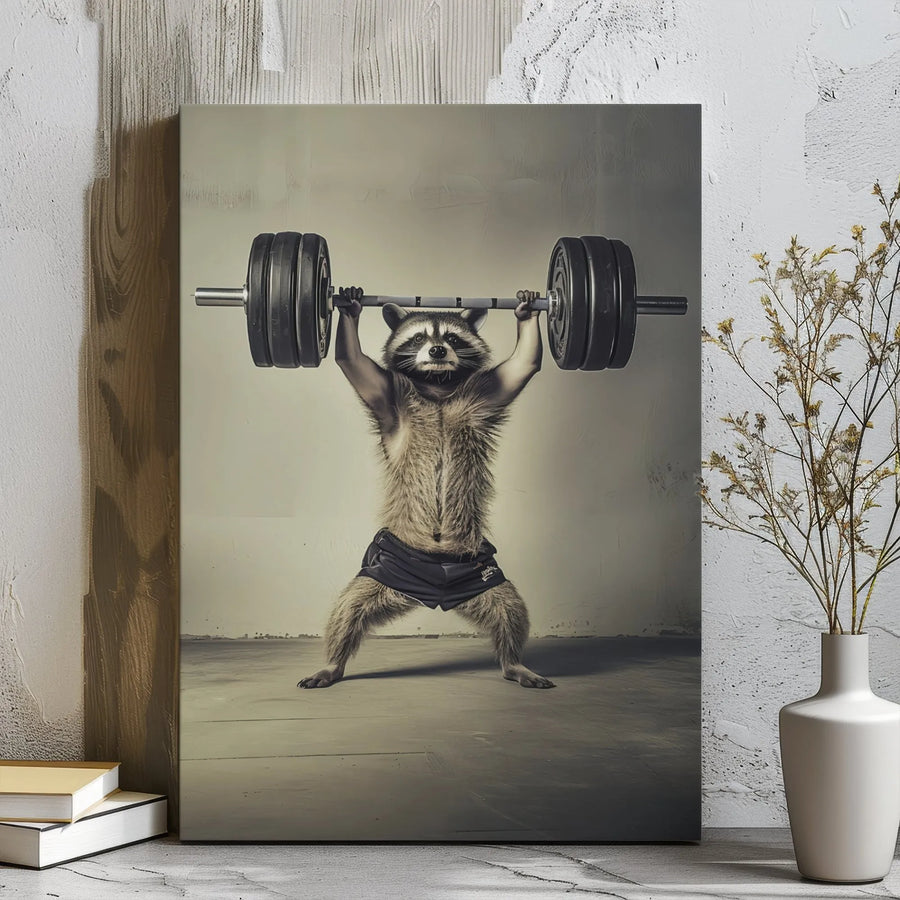 Raccoon Weightlifting Canvas Art | Funny Gym Motivation Wall Decor | Premium 1.25 Inch Gallery Wrap | Unique Gift For Powerlifters & Fitness Fans