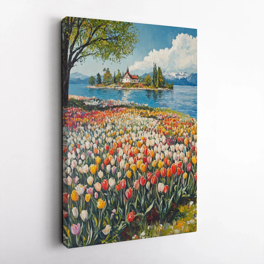 Tulip Field Landscape Vertical Canvas | Impressionist Spring Lakeside Painting | Premium High-Resolution Print | Living Room Wall Decor Gift