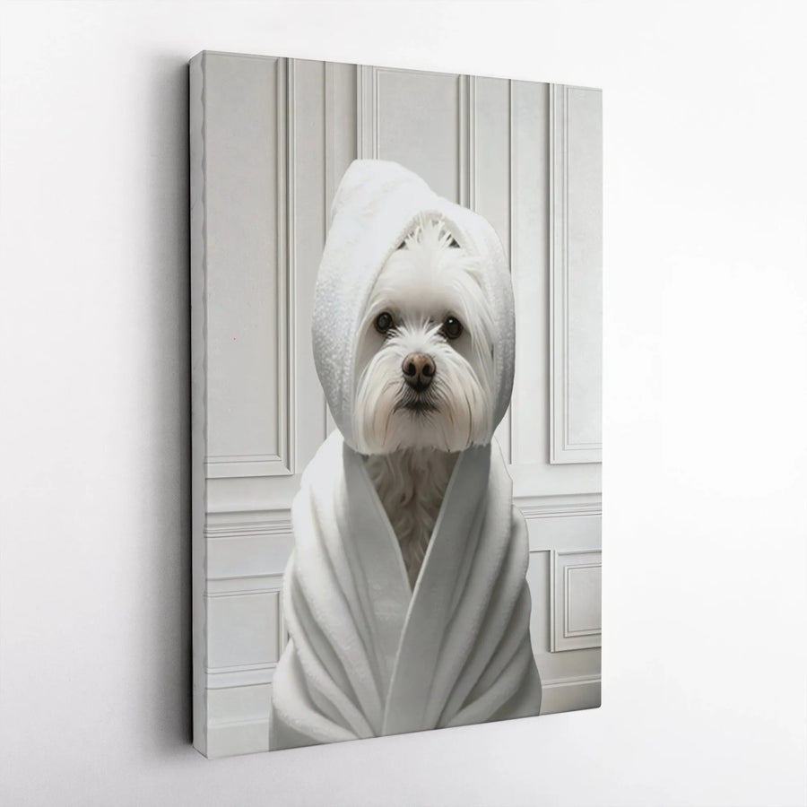 Maltese Dog in Bathrobe Canvas Print | Funny Spa Day Portrait | 1.25" Gallery Wrap | Premium Wall Art for Bathroom or Pet Lovers