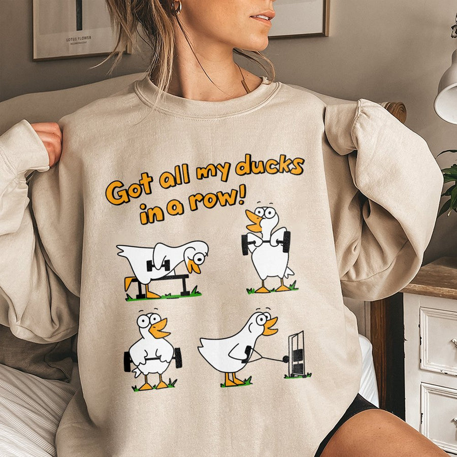 Got All My Ducks In A Row Gym Sweatshirt | Funny Weightlifting Duck Cartoon Graphic | Premium Cotton Blend Crewneck | Gift For Fitness Lovers & Athletes