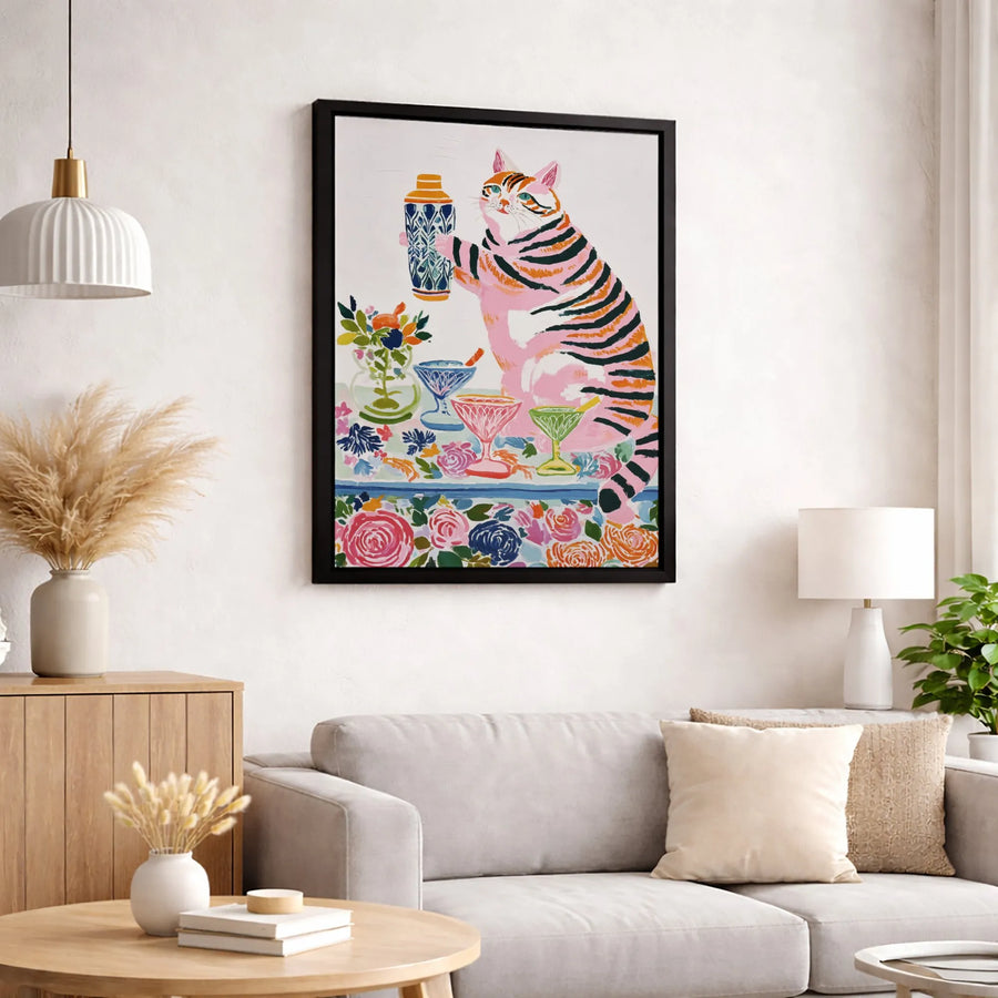 Pink Tiger Cat Wall Art | Whimsical Bartender With Cocktails Illustration | Premium 1.25-inch Canvas Print | Unique Kitchen Bar Decor Gift