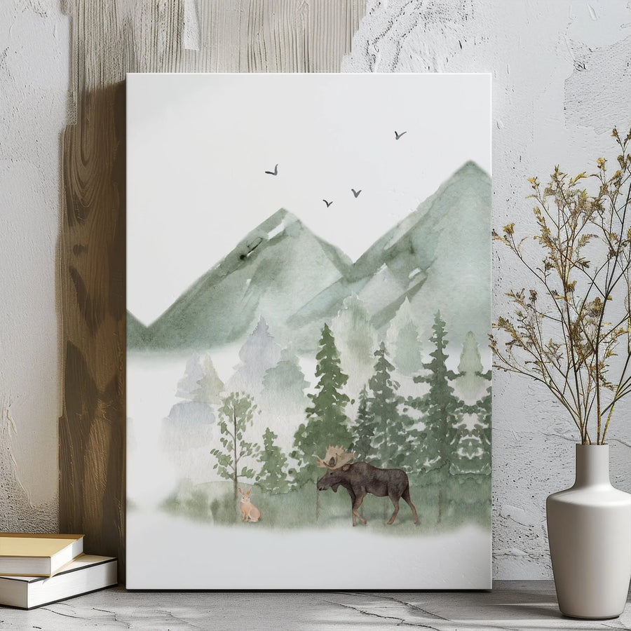 Watercolor Mountain Canvas Art | Forest Moose and Rabbit Wall Decor | Premium Gallery Wrap Print | Nature-Inspired Gift for Home or Office