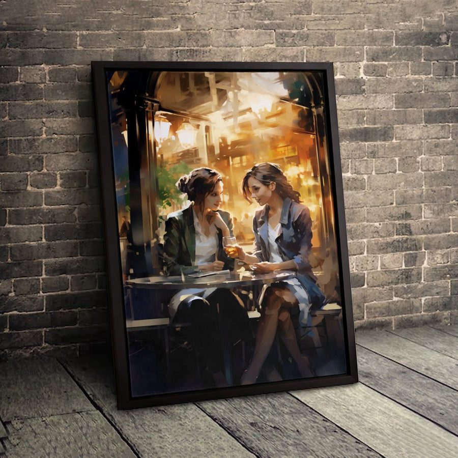 Parisian Cafe Wall Art | Two Women Talking Impressionist Painting | Gallery Wrapped Canvas | Elegant Home Decor Gift