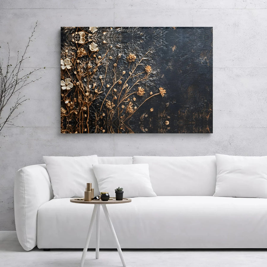 Gold and Cream Floral Canvas Wall Art | Textured Botanical 3D Effect | Premium Gallery Wrapped Decor | Modern Home Office Statement Piece