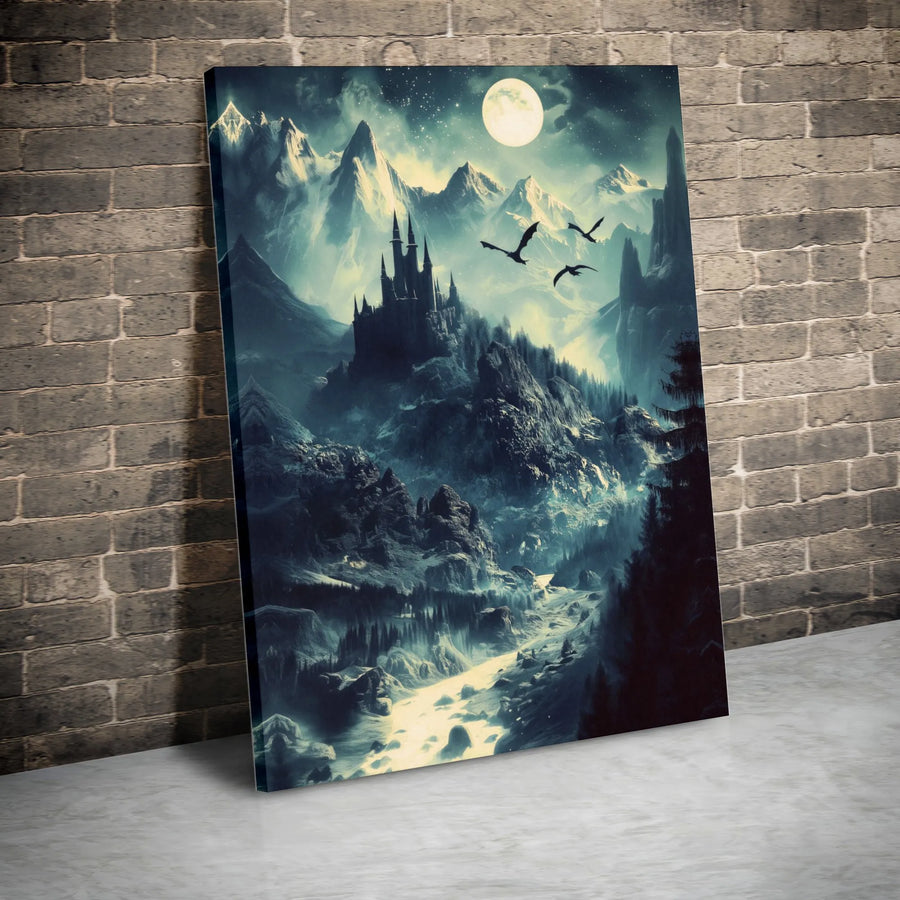 Gothic Castle Canvas Wall Art | Fantasy Mountain Landscape with Flying Dragons | Premium 1.25" Gallery Wrap | Dark Fantasy Decor for Home Office