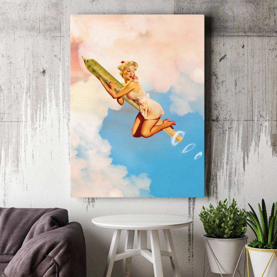Pin-Up Girl Riding Joint Canvas Print | Retro Smoking Art Decor | Premium 1.25" Gallery Wrapped Wall Art | Edgy Stoner Gift for Apartment