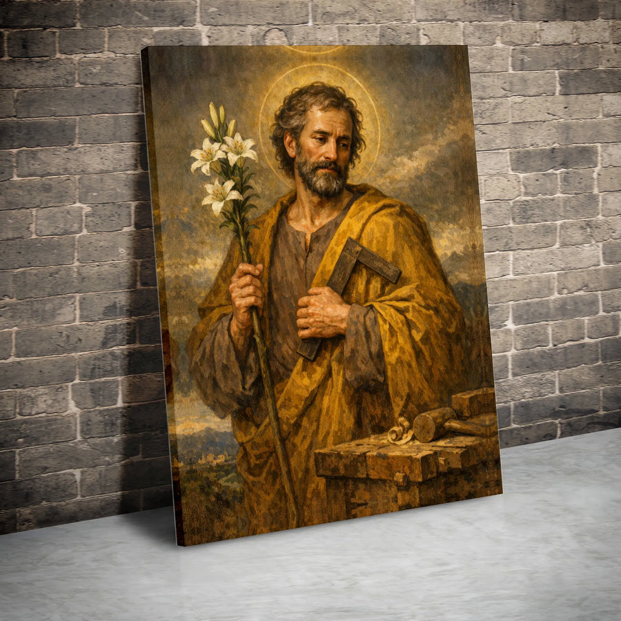 Saint Joseph Canvas Print | Classical Religious Portrait with Lilies | Premium Gallery Wrapped Canvas | Christian Home Decor Gift for Dad