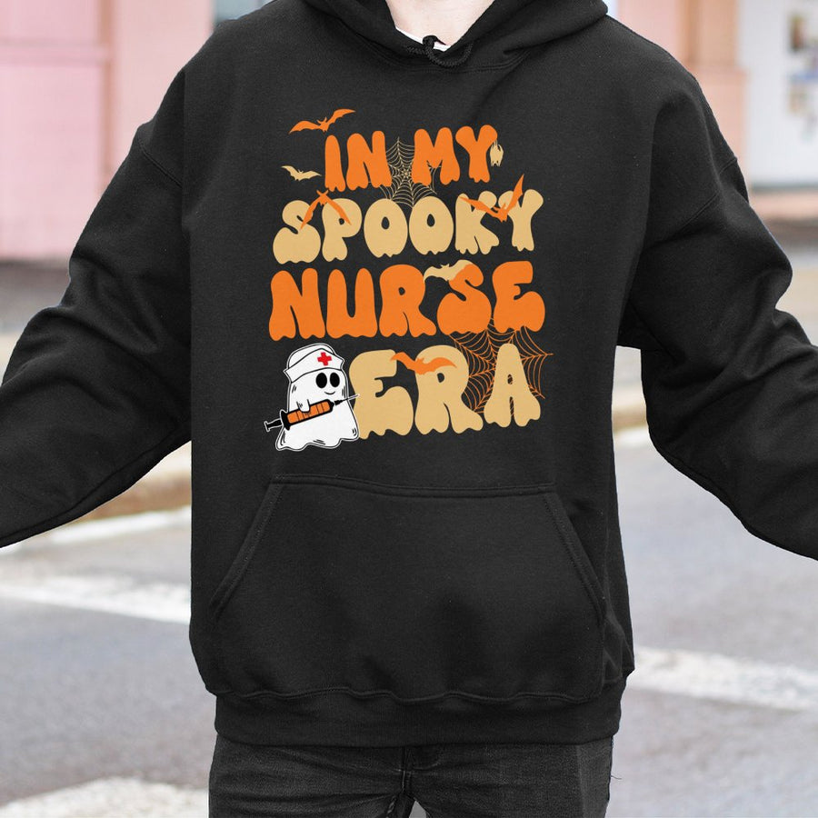 In My Spooky Nurse Era Hoodie | Cute Halloween Ghost Graphic Sweatshirt | Cotton-Blend Premium Gift for Nurses | RN Halloween Nurse Costume Top