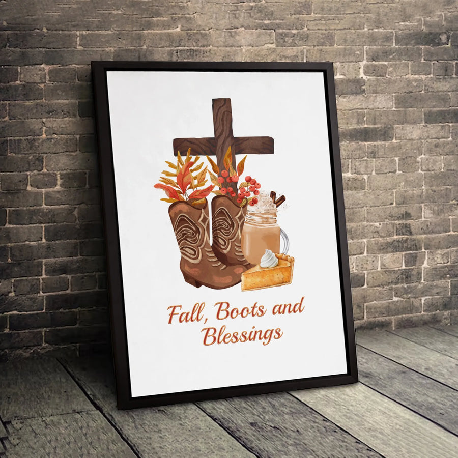 Fall Boots and Blessings Wall Art | Watercolor Cross Cowboy Boots Print | 1.25-Inch Premium Gallery Canvas | Religious Autumn Home Decor Gift