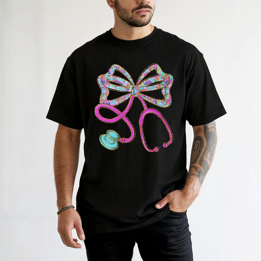 Floral Stethoscope Bow T-Shirt | Preppy Medical Aesthetic Design | 100% Cotton Premium Tee | Cute Nurse Graduation Gift for Her