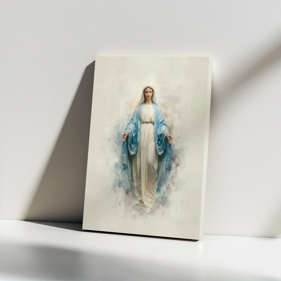 Blessed Virgin Mary Canvas Wall Art | Watercolor Religious Portrait | 1.25" Premium Gallery Wrap | Catholic Home Decor Gift for Believers