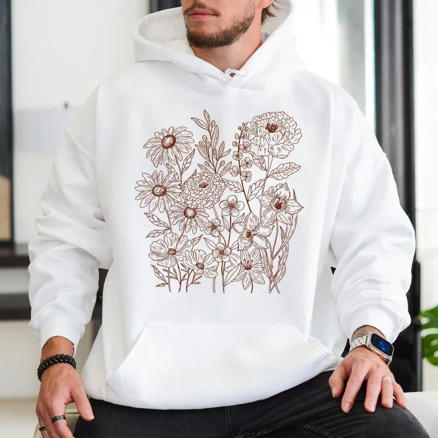 Wildflower Botanical Hoodie | Vintage Pressed Flower Graphic | Cozy Cotton Blend Pullover | Gift for Gardener & Plant Lover