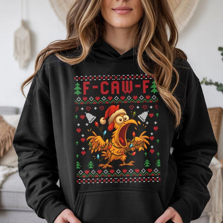 Funny Chicken Ugly Christmas Hoodie | F-Caw-F Poultry Holiday Graphic | Premium Cotton Blend Unisex Sweatshirt | Hilarious Xmas Party Gift