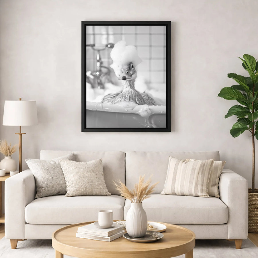 Funny Duck Bathing Wall Art | Whimsical Duckling with Bubble Foam Hat | Premium Gallery Wrap Canvas | Bathroom Decor Gift for Animal Lovers