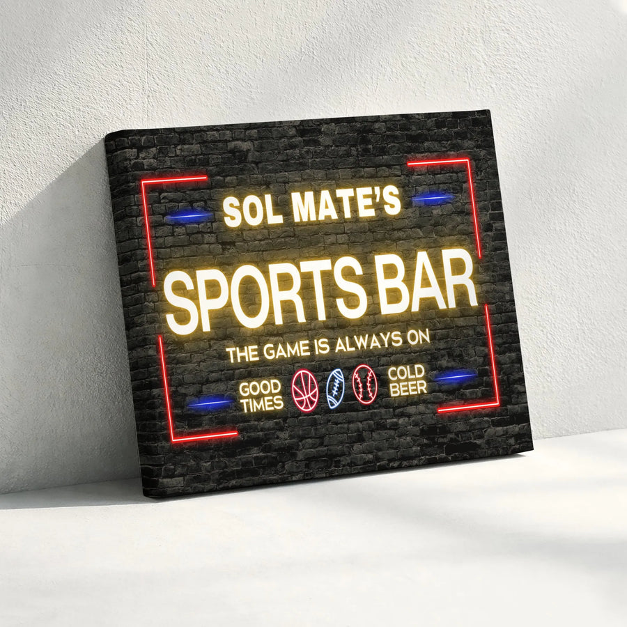 Sports Bar Canvas Wall Art | Faux Neon Sign on Brick Wall | Premium Canvas Print | Man Cave Decor Gift for Him