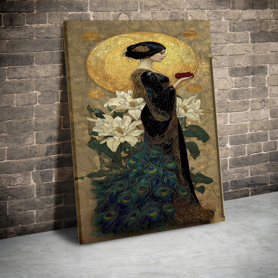 Art Nouveau Peacock Goddess Canvas | Elegant Woman Portrait with Golden Mosaic | Premium Matte Canvas Print | Sophisticated Home Decor Gift