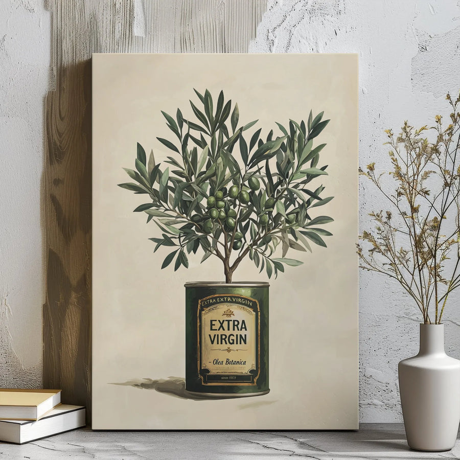 Olive Tree Canvas Wall Art | Vintage Olive Oil Can Illustration | Premium Gallery Wrap Print | Kitchen and Dining Room Decor