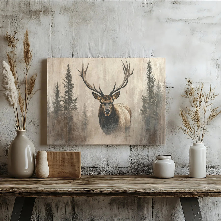 Bull Elk Wall Art | Misty Pine Forest Nature Landscape | Premium 1.25-Inch Gallery Wrap Canvas | Rustic Lodge Decor for Nature Lovers