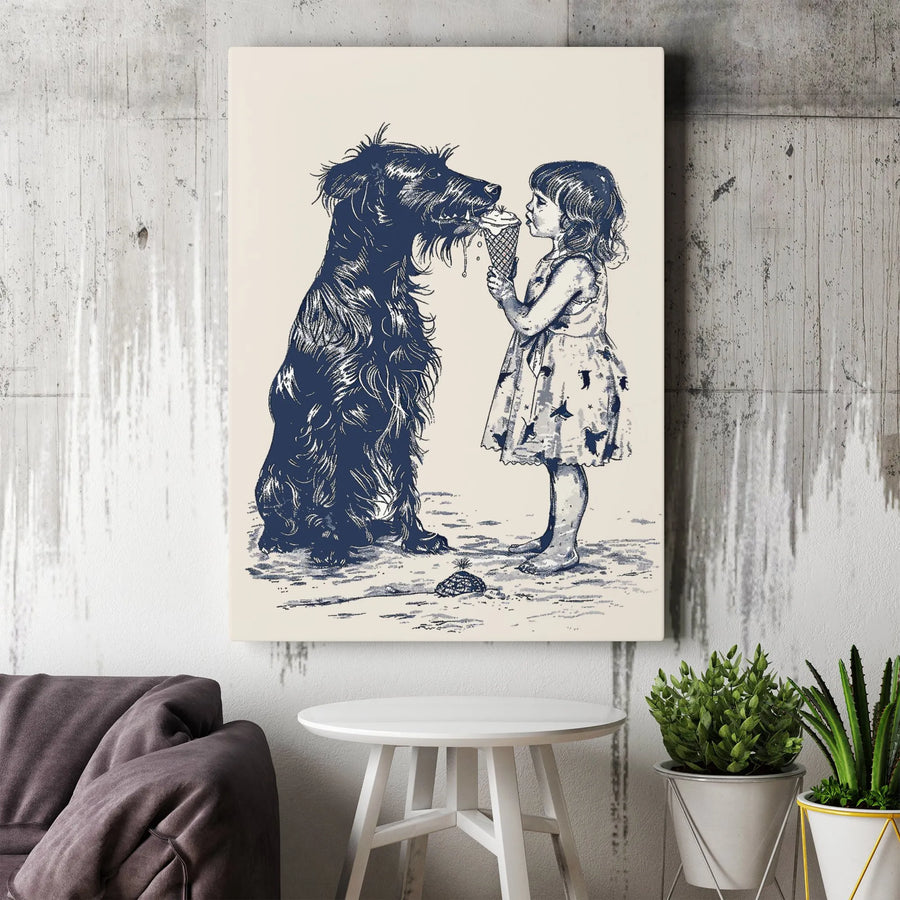 Girl Sharing Ice Cream with Dog Canvas Art | Vintage Sketch Illustration | Premium Gallery Wrapped Decor | Heartwarming Nursery or Home Gift