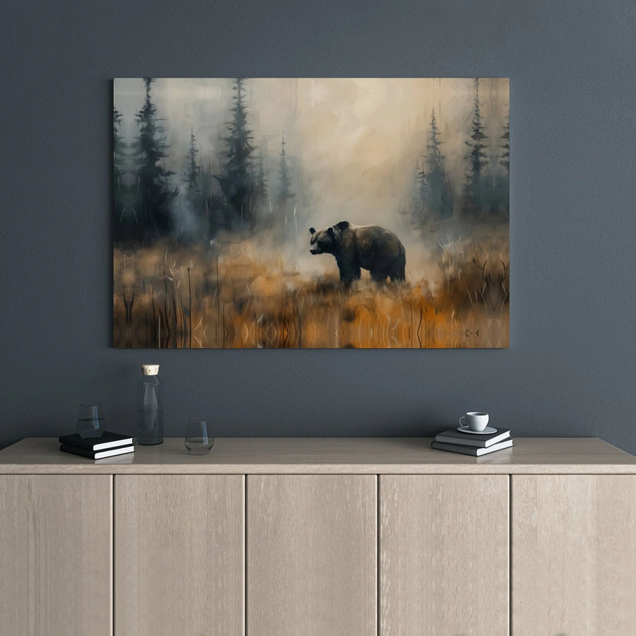 Brown Bear Wall Art | Misty Pine Forest Oil Painting Style | Premium Gallery Wrapped Canvas | Wildlife Nature Decor For Home Or Office