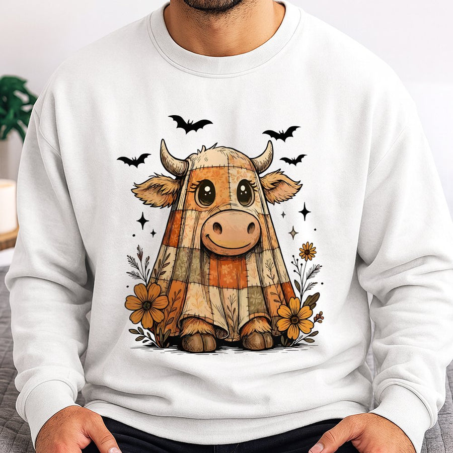 Highland Cow Ghost Sweatshirt | Cute Fall Patchwork Halloween Print | Premium Cotton Blend Crewneck | Spooky Season Gift For Her