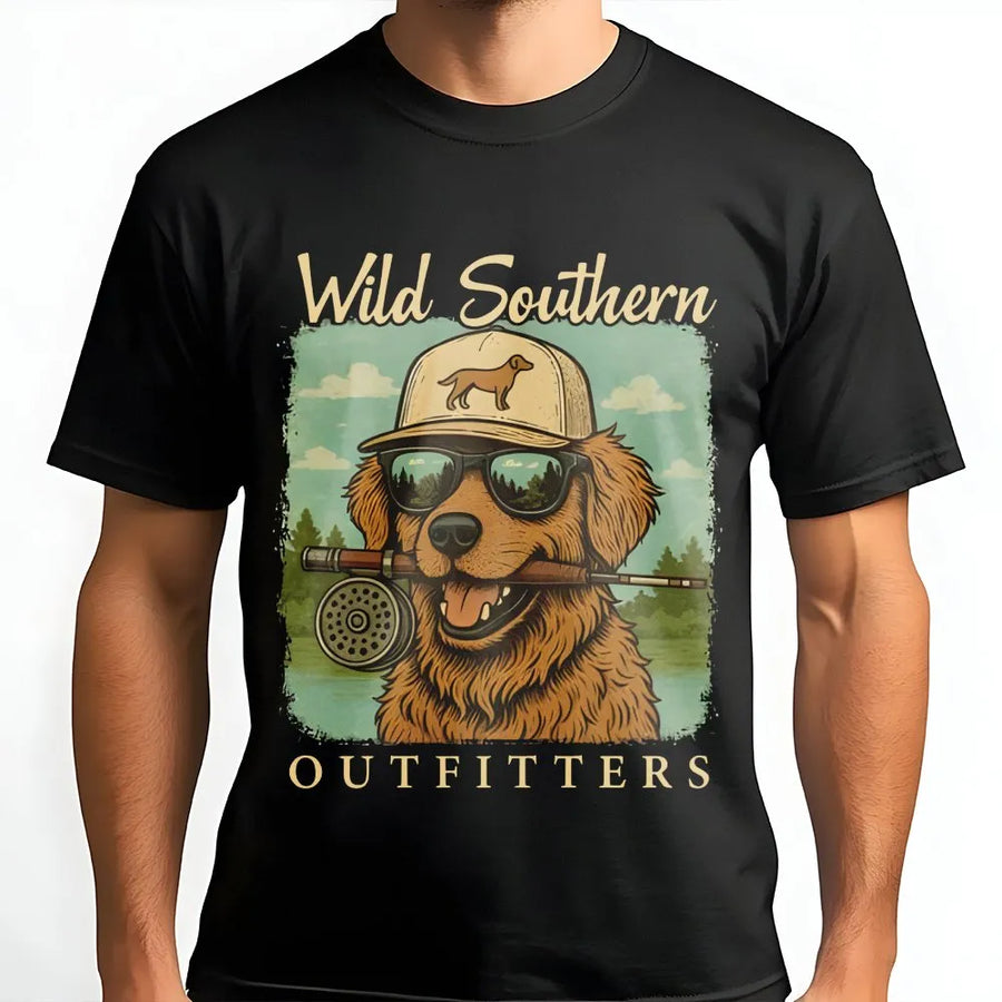 Fishing Golden Retriever T-Shirt | Retro Outdoor Wildlife Graphic | Premium Cotton Unisex Tee | Gift for Fisherman & Dog Lovers