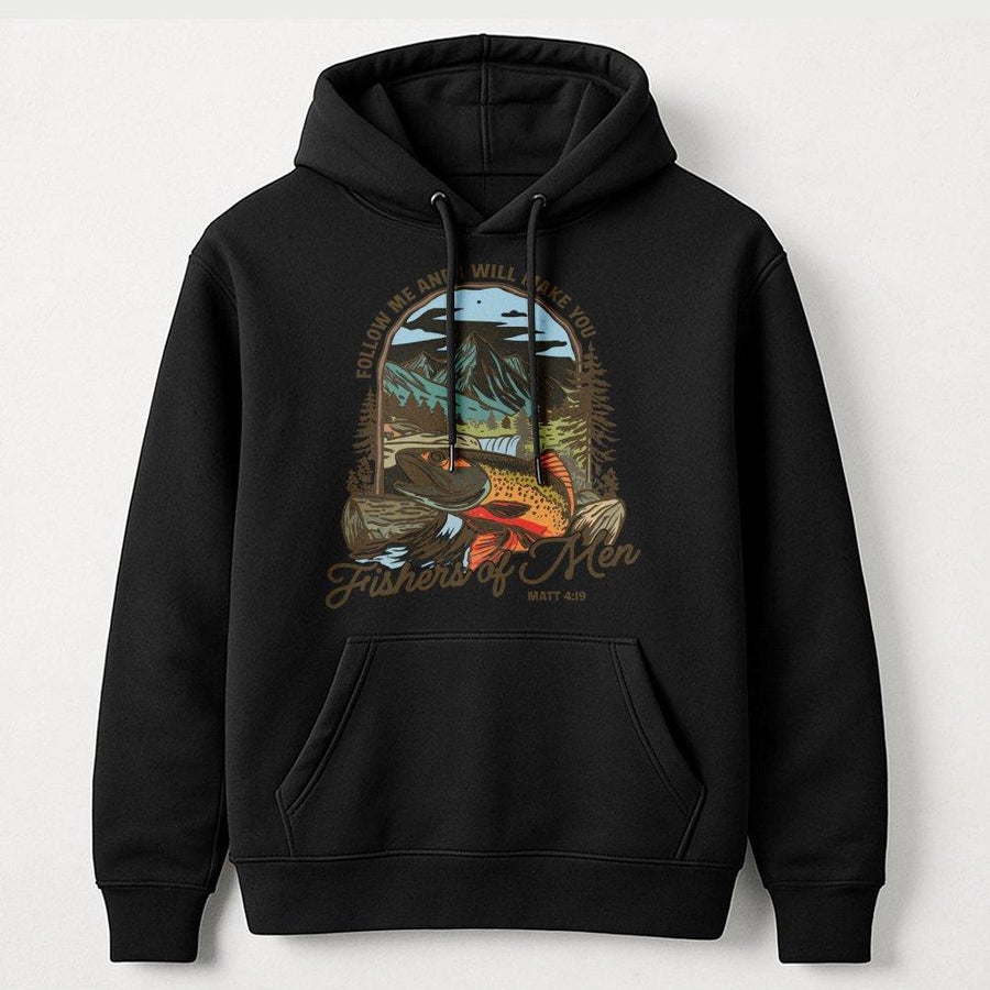 Fishers Of Men Hoodie | Matthew 4:19 Bible Verse Graphic | Premium Cotton Blend Sweatshirt | Christian Fishing Gift For Men And Women