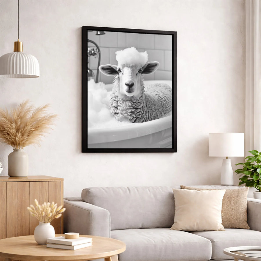 Sheep In Bathtub Wall Art | Funny Farmhouse Bathroom Decor | Premium Gallery Wrap Canvas | Unique Animal Lover Gift
